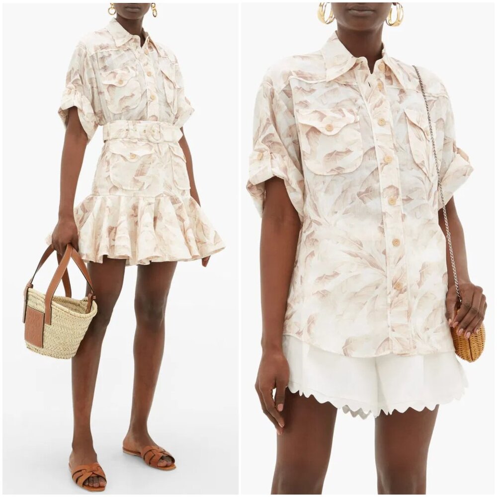ZIMMERMANN Ramie Shirt Super Eight Leaf-Print size 1 US 6 Tropical Safari Boho